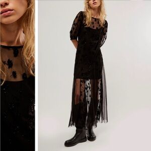 Free People Black sheer lace mesh Maxi Dress flowers lace up